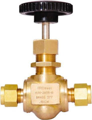 Brennan - 3/8" Pipe, Straight Needle Valve - PTFE Seal, Tube Ends, Brass Valve, 3,000 Max psi - Exact Tool & Supply