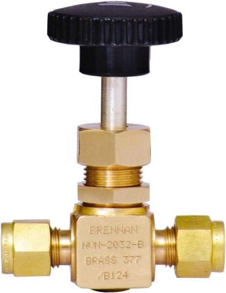 Brennan - 1/4" Pipe, Straight Needle Valve - PTFE Seal, Tube Ends, Brass Valve, 3,000 Max psi - Exact Tool & Supply