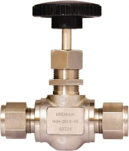 Brennan - 1/2" Pipe, Straight Needle Valve - PTFE Seal, Tube Ends, Stainless Steel Valve, 6,000 Max psi - Exact Tool & Supply