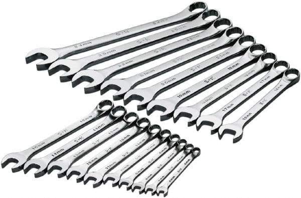 SK - 19 Piece, 6mm to 24mm, 12 Point Combination Wrench Set - Metric Measurement Standard, Chrome Finish, Comes in Rack - Exact Tool & Supply