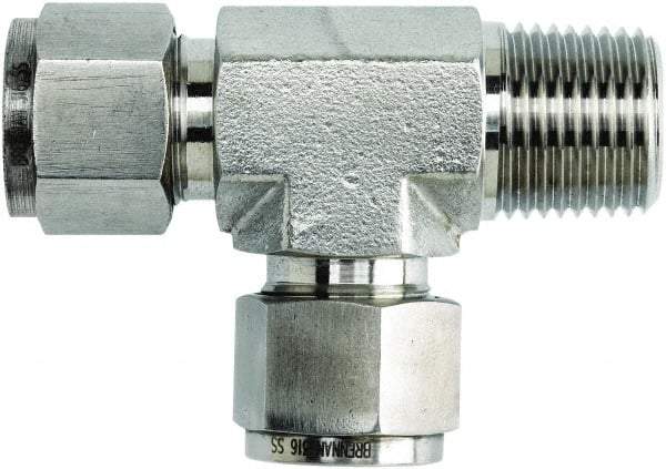 Brennan - 1/4" OD, Stainless Steel Male Run Tee - Comp x MNPT x Comp Ends - Exact Tool & Supply