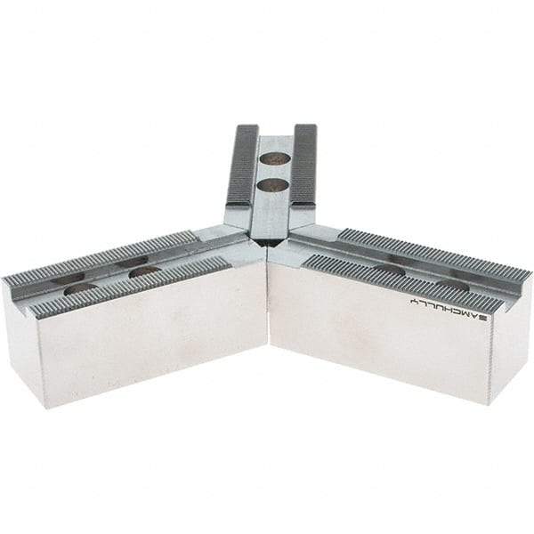 Samchully - 210mm Max Chuck Capacity, 1.5mm x 60° Serrated Interface, Round Soft Lathe Chuck Jaw - 3 Jaw, Steel, 25mm Btw Mount Hole Ctrs, 95mm Long, 35mm Wide, 38mm High, 14mm Groove, M12mm Fastener - Exact Tool & Supply