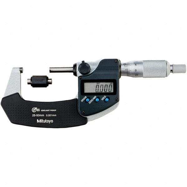 Mitutoyo - Standard Throat IP65 Electronic Outside Micrometer - Ratchet Stop Thimble, Carbide-Tipped Face, SR44 Battery - Exact Tool & Supply