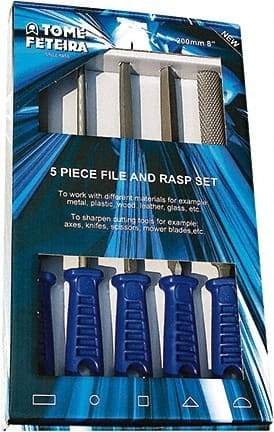 Anglo American - 5 Piece American Pattern File Set - 8" Long, Bastard Coarseness, Set Includes Square, Flat, Round, Half Round, Three Square - Exact Tool & Supply