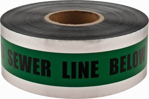 PRO-SAFE - Caution: Buried Sewer Line Below, Detectable Underground Tape - 1,000 Ft. Long x 3 Inch Wide Roll, Polyethylene on Aluminum, 5 mil Thick, Green - Exact Tool & Supply