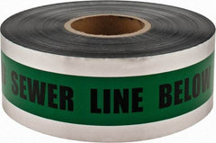 PRO-SAFE - Caution: Buried Sewer Line Below, Detectable Underground Tape - 1,000 Ft. Long x 3 Inch Wide Roll, Polyethylene on Aluminum, 5 mil Thick, Green - Exact Tool & Supply