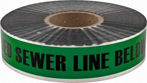 PRO-SAFE - Caution: Buried Sewer Line Below, Detectable Underground Tape - 1,000 Ft. Long x 2 Inch Wide Roll, Polyethylene on Aluminum, 5 mil Thick, Green - Exact Tool & Supply