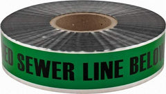 PRO-SAFE - Caution: Buried Sewer Line Below, Detectable Underground Tape - 1,000 Ft. Long x 2 Inch Wide Roll, Polyethylene on Aluminum, 5 mil Thick, Green - Exact Tool & Supply