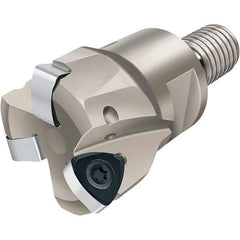 Walter - 21° Lead Angle, 1-1/2" Max Cut Diam, 1.043" Min Cut Diam, 0.039" Max Depth of Cut, Indexable Chamfer & Angle End Mill - 3 Inserts, P23696 Insert Style, 75.01mm OAL, Through Coolant, Threaded Shank - Exact Tool & Supply