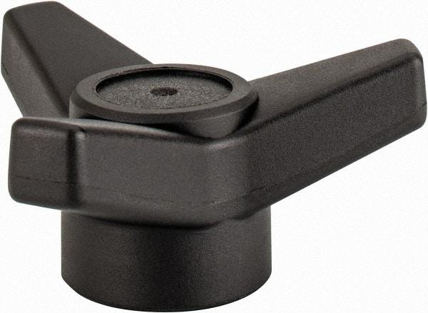 Elesa - 3-1/8" Head Diam, 3/8-16 Hole, 1.375" High, Glass Fibre Reinforced Technopolymer 3 Arm Knob - 1-1/4" Hub Diam, 1.18 Head Height, Female Insert Style, 11/16 Hole Depth, Black - Exact Tool & Supply