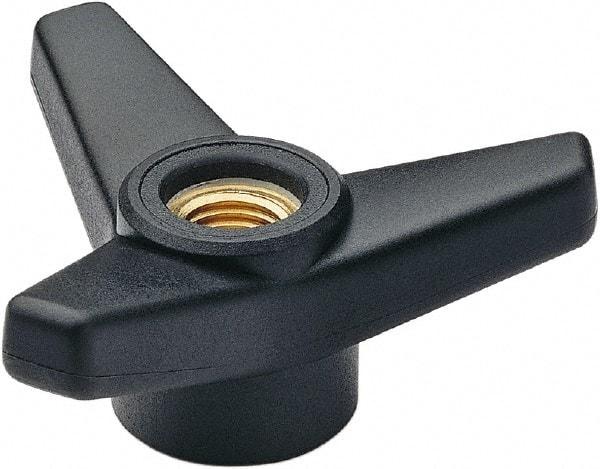 Elesa - 2-1/2" Head Diam, 5/16-18 Hole, 1.375" High, Glass Fibre Reinforced Technopolymer 3 Arm Knob - 1" Hub Diam, 0.98 Head Height, Thru Female Insert Style, 13/16 Hole Depth, Black - Exact Tool & Supply