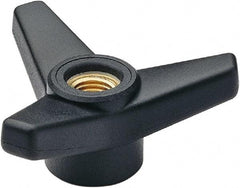 Elesa - 3-1/8" Head Diam, 1.375" High, Glass Fibre Reinforced Technopolymer 3 Arm Knob - 1/2-13 Stem, 1-1/4" Hub Diam, 1.18 Head Height, Thru Female Insert Style, 1-1/4 Hole Depth, Black - Exact Tool & Supply