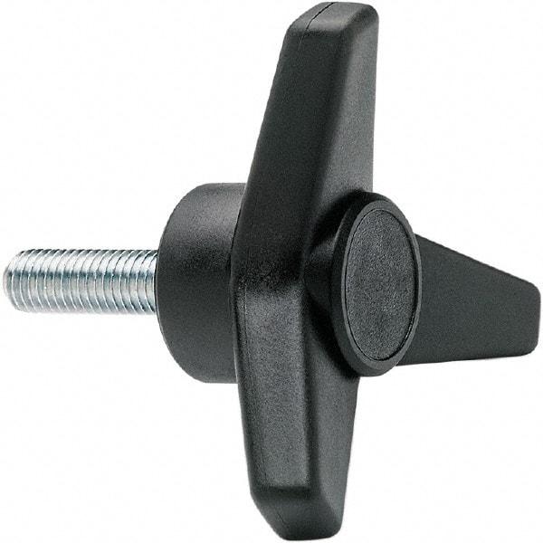 Elesa - 1-3/4" Head Diam, 1" High, 3/4" Long Thread, Glass Fibre Reinforced Technopolymer 3 Arm Knob - 3/8-16 Stem, 3/4" Hub Diam, 0.98 Head Height, Threaded Stem Style, Black - Exact Tool & Supply