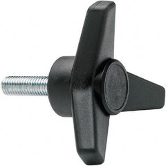 Elesa - 1-3/4" Head Diam, 1" High, 3/4" Long Thread, Glass Fibre Reinforced Technopolymer 3 Arm Knob - 3/8-16 Stem, 3/4" Hub Diam, 0.98 Head Height, Threaded Stem Style, Black - Exact Tool & Supply