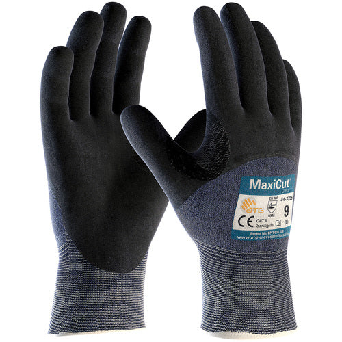‎44-3755/XXXL Cut Resistant Gloves - MaxiCut Ultra - Blue 15G Eng Yarn - Black 3/4 Dip MicroFoam Nitrile - A3 - Exact Tool & Supply