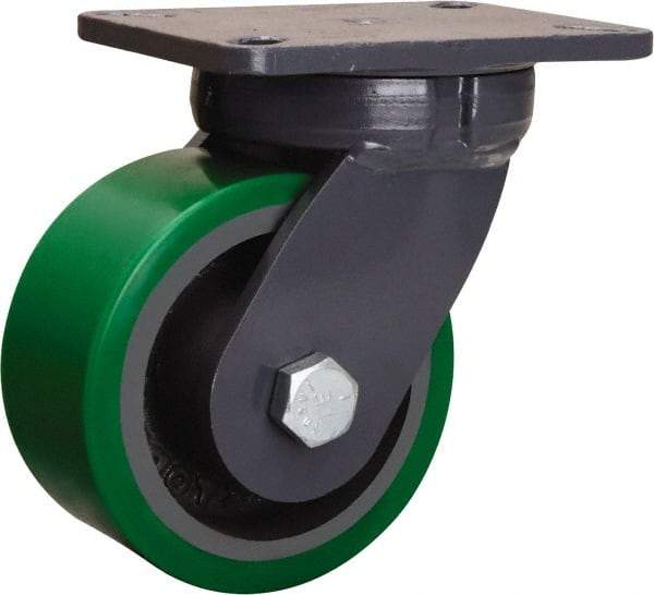 Hamilton - 6" Diam x 3" Wide x 8" OAH Top Plate Mount Swivel Caster - Polyurethane Mold onto Cast Iron Center, 2,200 Lb Capacity, Sealed Precision Ball Bearing, 5-1/4 x 7-1/4" Plate - Exact Tool & Supply