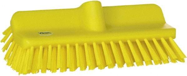 Vikan - 1-1/2" Bristle Length, Polyester Cleaning & Finishing Brush - 9-5/8" Long x 5" Wide Head, 10" OAL, European Threaded Handle, Yellow, Polypropylene Block - Exact Tool & Supply