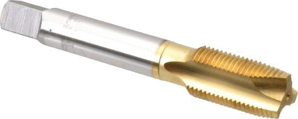 OSG - 5/8-18 UNF, 3 Flute, TiN Finish, High Speed Steel Spiral Point Tap - Plug Chamfer, Right Hand Thread, 3-13/16" OAL, 1-13/16" Thread Length, 0.48" Shank Diam, 3B Class of Fit, Series 105 - Exact Tool & Supply