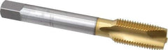 OSG - 1/2-20 UNF, 3 Flute, TiN Finish, High Speed Steel Spiral Point Tap - Plug Chamfer, Right Hand Thread, 3-3/8" OAL, 1-21/32" Thread Length, 0.367" Shank Diam, 3B Class of Fit, Series 105 - Exact Tool & Supply