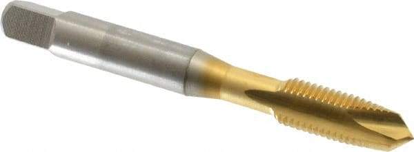 OSG - 5/16-24 UNF, 2 Flute, TiN Finish, High Speed Steel Spiral Point Tap - Plug Chamfer, Right Hand Thread, 2-23/32" OAL, 1-1/8" Thread Length, 0.318" Shank Diam, 3B Class of Fit, Series 105 - Exact Tool & Supply
