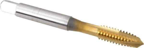 OSG - 1/4-20 UNC, 3 Flute, TiN Finish, High Speed Steel Spiral Point Tap - Plug Chamfer, Right Hand Thread, 2-1/2" OAL, 1" Thread Length, 0.255" Shank Diam, 3B Class of Fit, Series 105 - Exact Tool & Supply