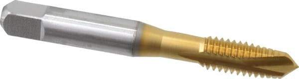 OSG - 3/8-16 UNC, 3 Flute, TiN Finish, High Speed Steel Spiral Point Tap - Plug Chamfer, Right Hand Thread, 2-15/16" OAL, 1-1/4" Thread Length, 0.381" Shank Diam, Series 105 - Exact Tool & Supply