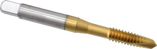 OSG - 1/4-20 UNC, 2 Flute, TiN Finish, High Speed Steel Spiral Point Tap - Plug Chamfer, Right Hand Thread, 2-1/2" OAL, 1" Thread Length, 0.255" Shank Diam, Series 105 - Exact Tool & Supply