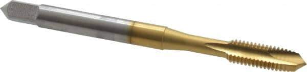 OSG - #10-32 UNF, 2 Flute, TiN Finish, High Speed Steel Spiral Point Tap - Plug Chamfer, Right Hand Thread, 2-3/8" OAL, 7/8" Thread Length, 0.194" Shank Diam, Series 105 - Exact Tool & Supply