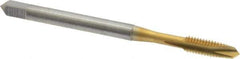 OSG - #6-40 UNF, 2 Flute, TiN Finish, High Speed Steel Spiral Point Tap - Plug Chamfer, Right Hand Thread, 2" OAL, 11/16" Thread Length, 0.141" Shank Diam, 2B Class of Fit, Series 105 - Exact Tool & Supply