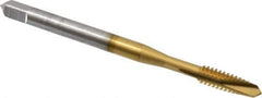 OSG - #6-32 UNC, 2 Flute, TiN Finish, High Speed Steel Spiral Point Tap - Plug Chamfer, Right Hand Thread, 2" OAL, 11/16" Thread Length, 0.141" Shank Diam, 3B Class of Fit, Series 105 - Exact Tool & Supply