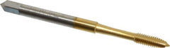 OSG - #5-44 UNF, 2 Flute, TiN Finish, High Speed Steel Spiral Point Tap - Plug Chamfer, Right Hand Thread, 1-15/16" OAL, 5/8" Thread Length, 0.141" Shank Diam, 2B Class of Fit, Series 105 - Exact Tool & Supply