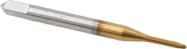 OSG - #0-80 UNF, 2 Flute, TiN Finish, High Speed Steel Spiral Point Tap - Plug Chamfer, Right Hand Thread, 1-5/8" OAL, 5/16" Thread Length, 0.141" Shank Diam, 2B Class of Fit, Series 105 - Exact Tool & Supply