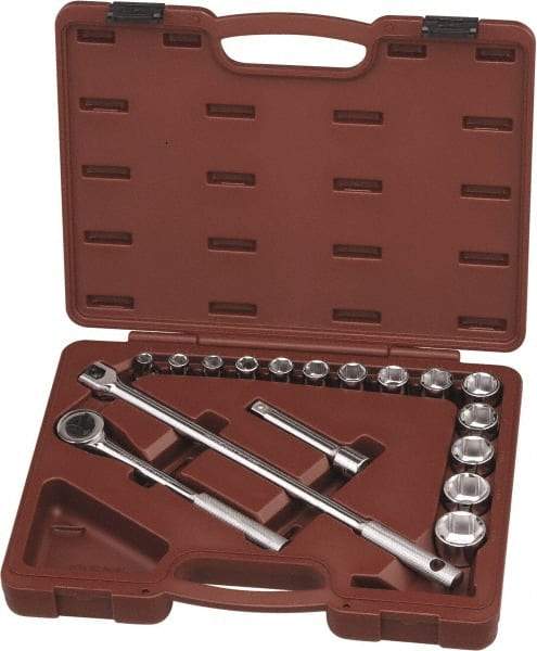 Paramount - 17 Piece 1/2" Drive Chrome Finish Socket Set - 6 Points, 3/8" to 1-1/4" Range, Inch Measurement Standard - Exact Tool & Supply