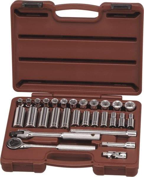 Paramount - 29 Piece 3/8" Drive Chrome Finish Deep Well Socket Set - 6 Points, 8mm to 19mm Range, Metric Measurement Standard - Exact Tool & Supply