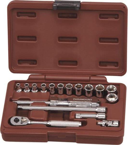 Paramount - 17 Piece 1/4" Drive Chrome Finish Socket Set - 6 Points, 4mm to 14mm Range, Metric Measurement Standard - Exact Tool & Supply