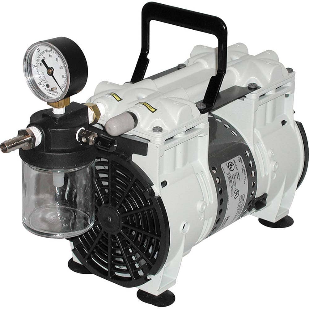 Welch - Piston-Type Vacuum Pumps; Horsepower: .33 ; Cubic Feet per Minute: 10.60 ; Vacuum Pressure (In/Hg): 5.00 ; Voltage: 115V ; Height (Inch): 11.7 ; Length (Inch): 13.3 - Exact Tool & Supply