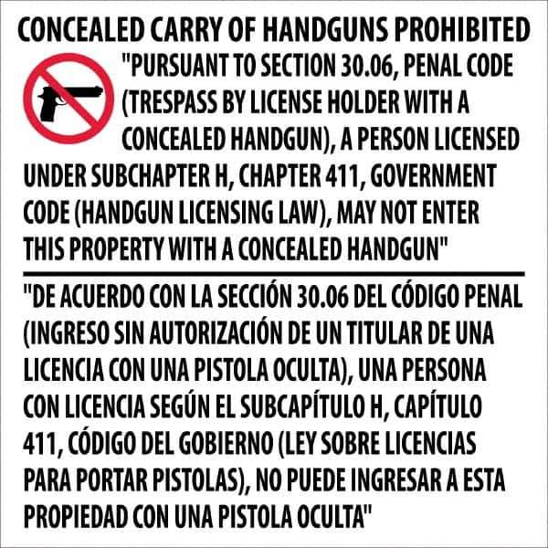 NMC - "Concealed Carry of Handguns Prohibited", 24" Long x 24" Wide, Pressure-Sensitive Vinyl Safety Sign - Square, 0.045" Thick, Use for Accident Prevention - Exact Tool & Supply