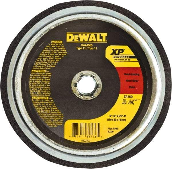 DeWALT - 6" Diam, 5/8" Hole Size, 2" Overall Thickness, 24 Grit, Type 11 Tool & Cutter Grinding Wheel - Coarse Grade, Zirconia Alumina, R Hardness, Resinoid Bond, 6,000 RPM - Exact Tool & Supply
