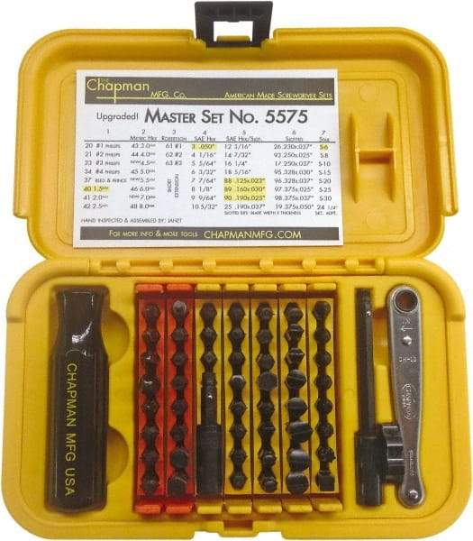Chapman - 56 Piece, Screwdriver 1/4" Bit Ratchet Bit Set - #1 to #4 Phillips, 0.05 to 5/16" Hex, T6 to T30 Torx - Exact Tool & Supply