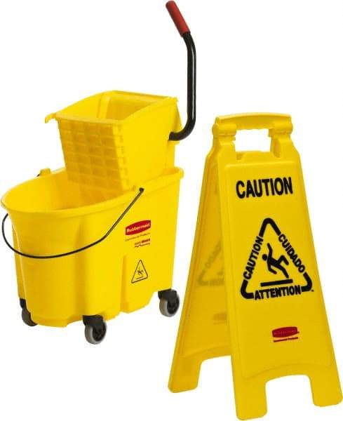 Rubbermaid - 35 Qt Plastic Bucket & Wringer - 20.1" Long x 17.4" High x 15.7" Wide, Yellow - Exact Tool & Supply