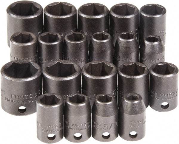 Proto - 20 Piece 3/8" Drive Chrome Finish Impact Socket Set - 6 Points, 1/4" to 3/4" (7mm to 17mm) Range, Inch/Metric Measurement Standard - Exact Tool & Supply