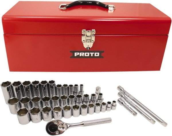 Proto - 39 Piece 3/8" & 1/2" Drive Chrome Finish Deep Well Socket Set - 6 Points, 5/16" to 1" Range, Inch Measurement Standard - Exact Tool & Supply