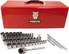 Proto - 39 Piece 3/8" & 1/2" Drive Chrome Finish Deep Well Socket Set - 6 Points, 5/16" to 1" Range, Inch Measurement Standard - Exact Tool & Supply
