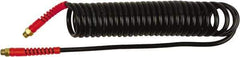 PRO-SOURCE - 1/4" ID, 1/4 Thread, 5' Long, Black Polyurethane Coiled & Self Storing Hose - 145 Max psi, Male Swivel x Male Swivel - Exact Tool & Supply