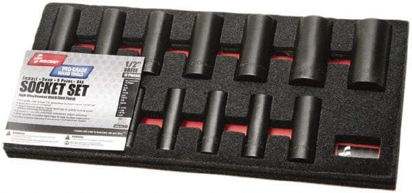 Ability One - 13 Piece 1/2" Drive Deep Well Impact Socket Set - 6 Points, 1/8" to 1-1/4" Range, Inch Measurement Standard - Exact Tool & Supply