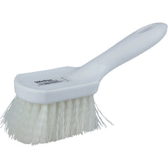8″ Utility Scrub Brush, White Nylon Fill, Short Handle, Plastic Block - Exact Tool & Supply