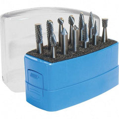 Made in USA - 8 Piece, 1/4" Shank Burr Set - Solid Carbide, Multiple Head Shapes - Exact Tool & Supply