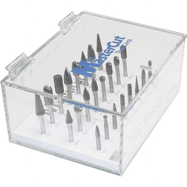 Made in USA - 39 Piece, 1/4" Shank Burr Set - Multiple Head Shapes, Solid Carbide, 14° Included Angle - Exact Tool & Supply
