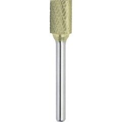 Made in USA - 1/2" Cut Diam, 1/4" Shank Diam, Cylinder with End Cut Head Double Cut Burr - Carbide, 1" LOC, 2-3/4" OAL - Exact Tool & Supply