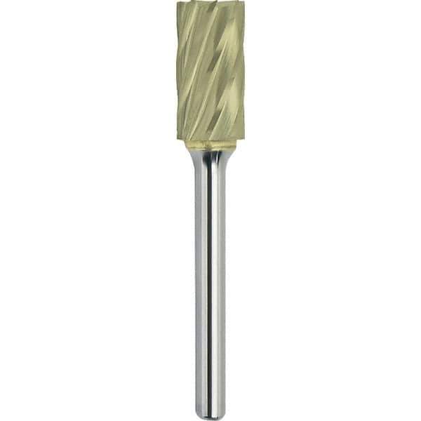 Made in USA - 5/8" Cut Diam, 1/4" Shank Diam, Cylinder with End Cut Head Aluma Cut Burr - Carbide, 1" LOC, 2-3/4" OAL - Exact Tool & Supply